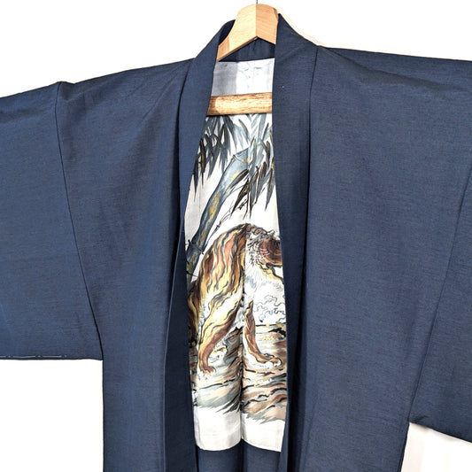 veste haori japonaise vintage en soie tsumugi avec doublure tigre motif japonais