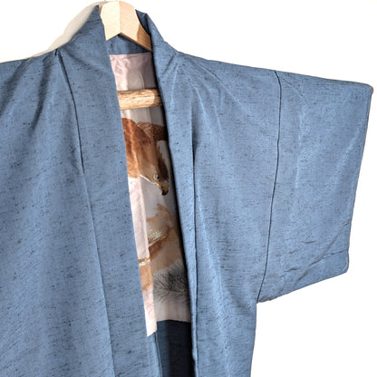 Veste japonaise vintage en soie tsumugi avec doublure artistique représentant un aigle