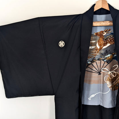 Veste traditionnelle japonaise haori pour homme avec kamon et doublure en soie à motif de shika, cerfs japonais