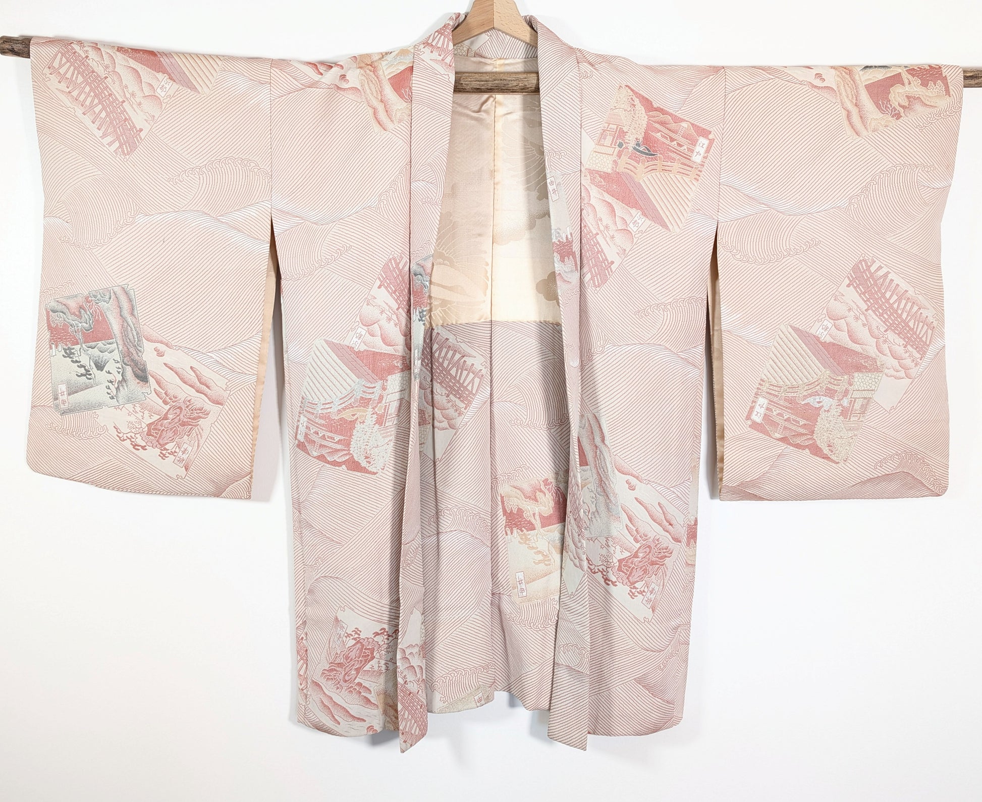 Veste kimono japonaise authentique de type haori pour femme, en soie vintage rose saumon avec paysages et vagues japonaises