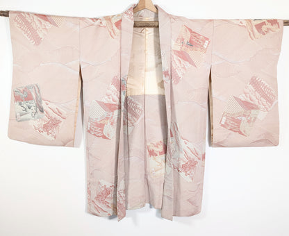 Veste kimono japonaise authentique de type haori pour femme, en soie vintage rose saumon avec paysages et vagues japonaises