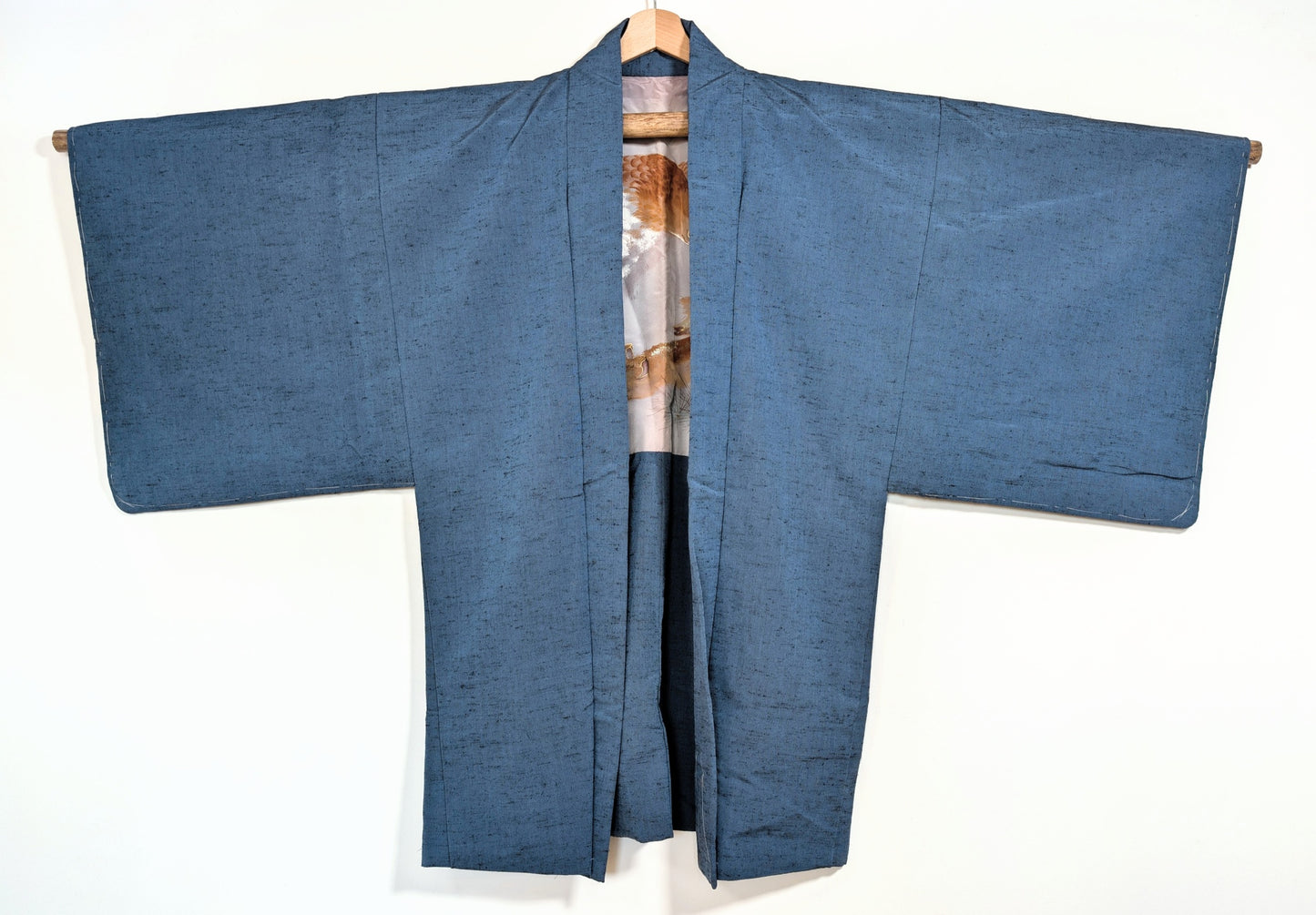 Haori homme vintage en soie tsumugi bleu gris à texture japonaise traditionnelle