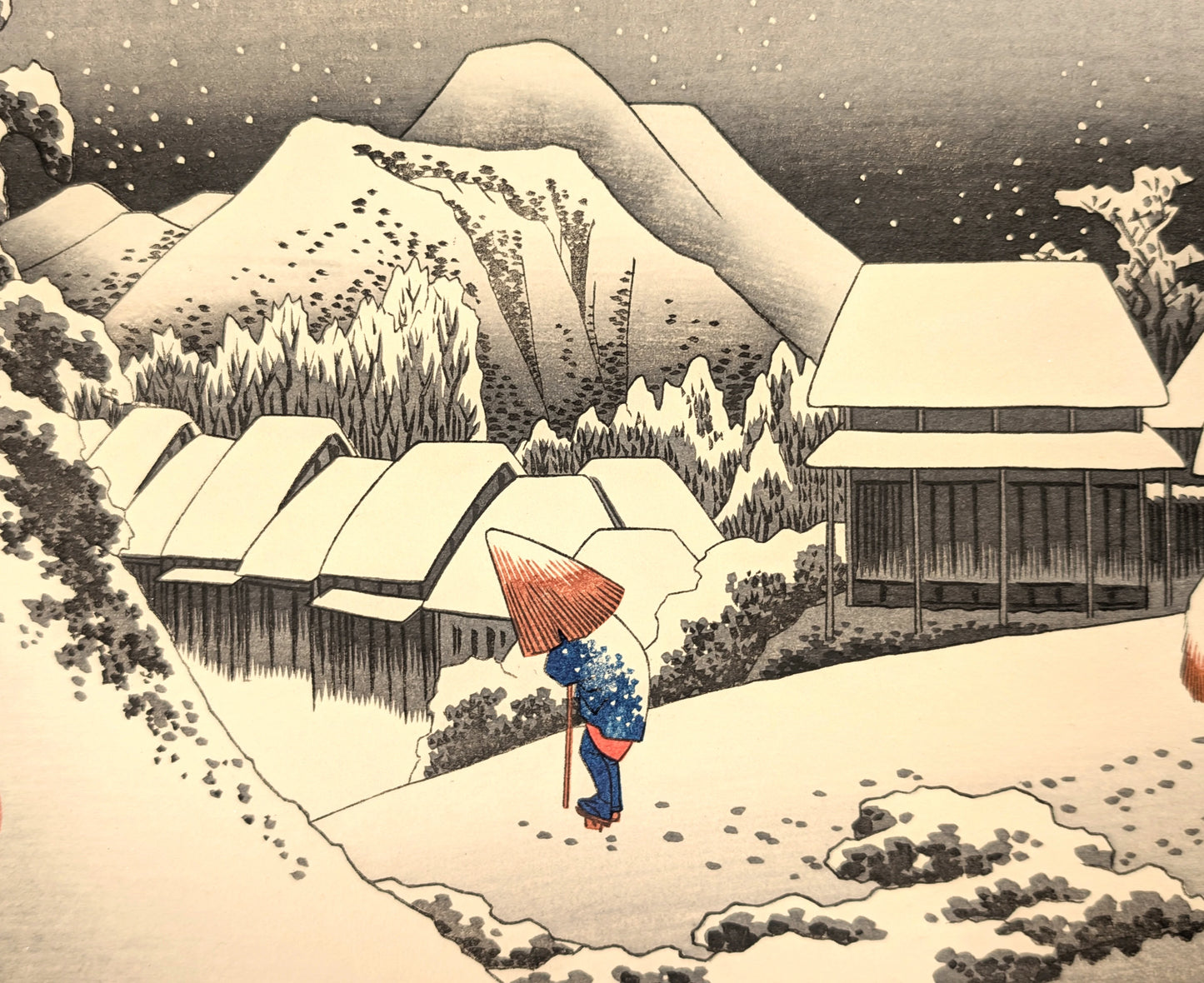 Voyageur japonais portant un kasa dans la neige, estampe Hiroshige Kanbara