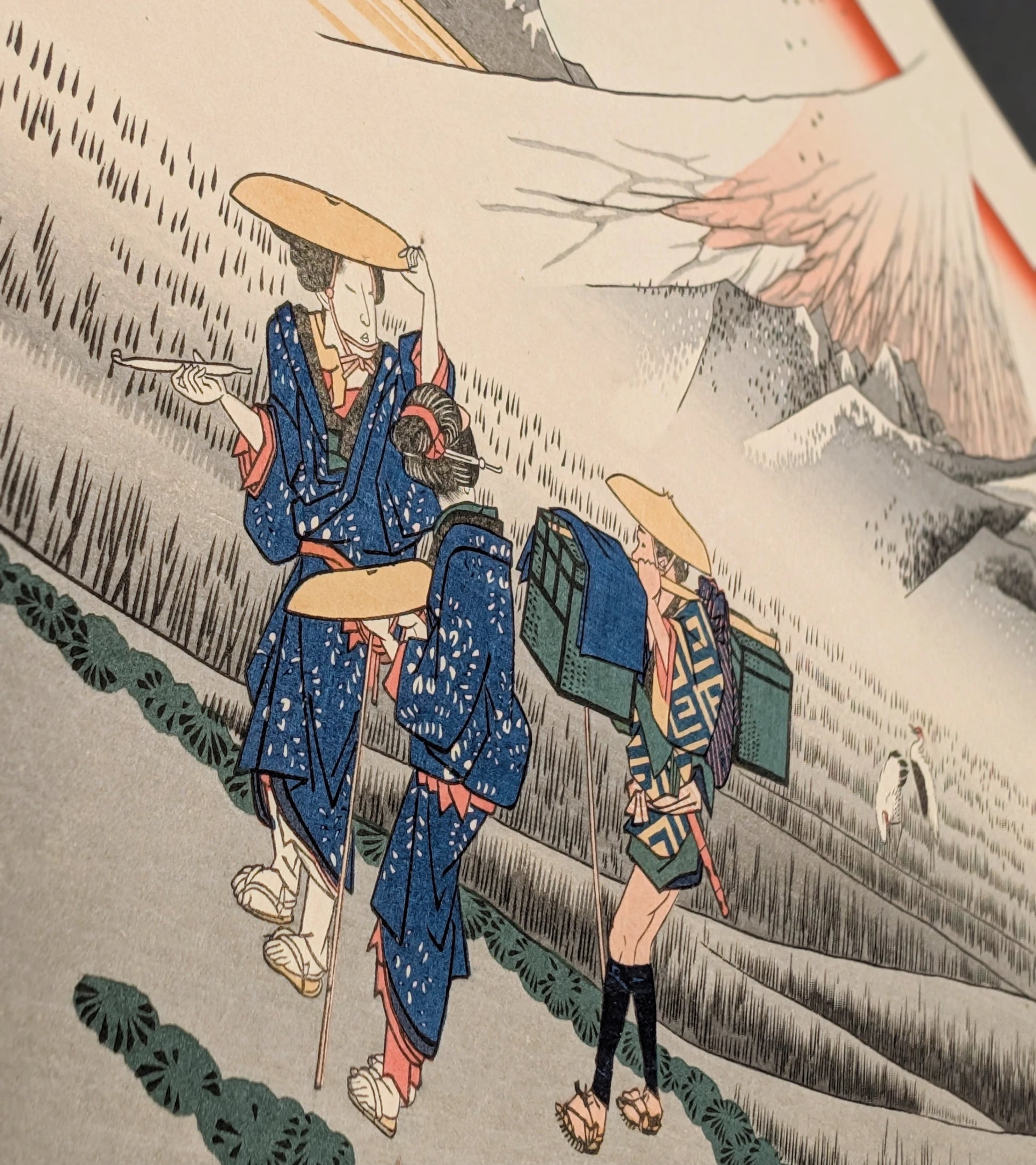 Détail de voyageurs de la période Edo dans une estampe ukiyo-e de Hiroshige, route du Tokaido près du Mont Fuji