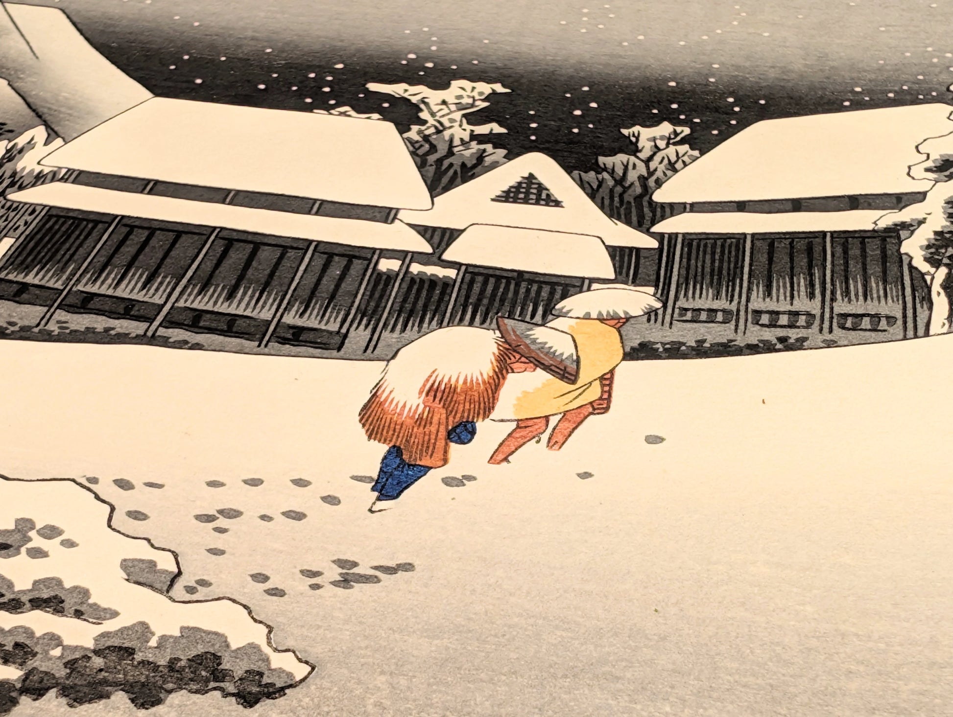 Voyageurs marchant dans la neige à Kanbara, scène hivernale sur la route du Tōkaidō par Hiroshige