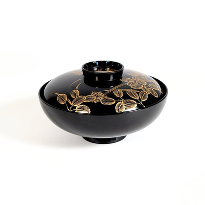 Wan japonais en laque urushi noire, Wajima-nuri maki-e doré, bol artisanal traditionnel ancien, antiquité époque Showa.