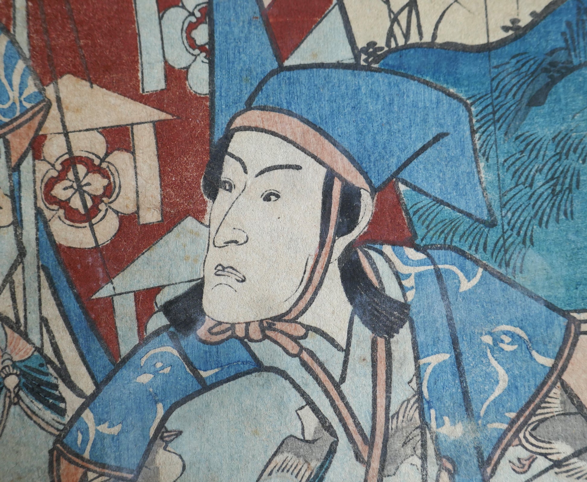 Portrait de Soga Gorō Tokimune (Ichikawa Yaozō) – jeune guerrier en capuchon bleu, estampe yakusha-e de Kunisada