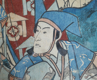 Portrait de Soga Gorō Tokimune (Ichikawa Yaozō) – jeune guerrier en capuchon bleu, estampe yakusha-e de Kunisada
