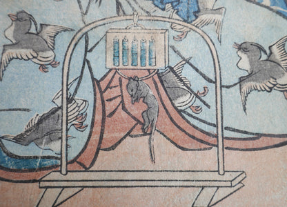 Souris suspendue à une lanterne sur le costume d’un acteur – détail symbolique dans une estampe yakusha-e de Kunisada