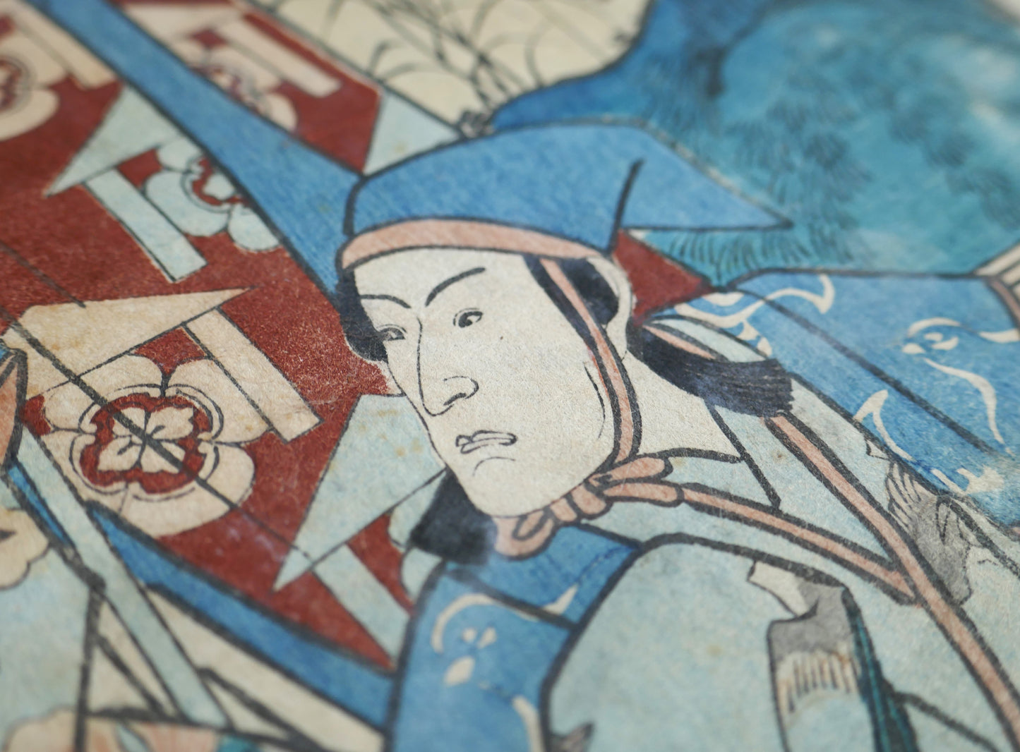 Gros plan de Soga Gorō Tokimune (Ichikawa Yaozō) dans une estampe de Toyokuni III – costume kabuki