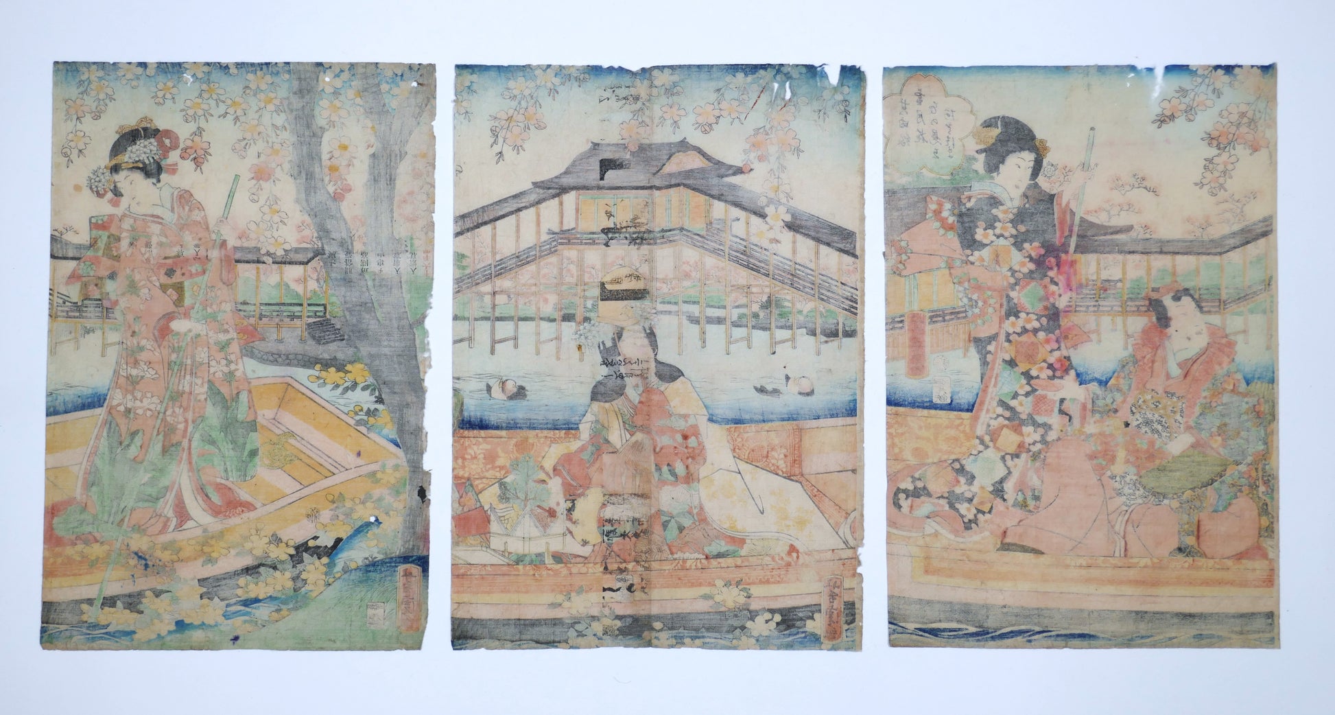 Verso triptyque véritable estampe japonaise Utagawa Yoshitora hanami Asazuma papier ancien Edo