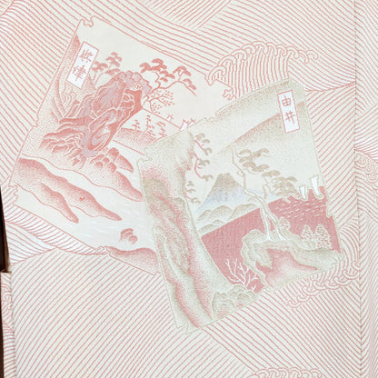 Détails de paysages japonais du Tōkaidō sur le haori vintage, dont Yui et Yaizu avec reliefs, pins, mer et architecture