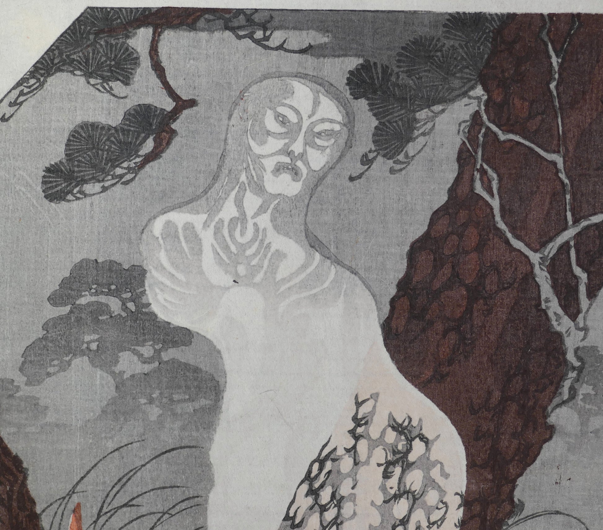 Yūrei de l’épouse assassinée, spectre féminin translucide apparaissant sous les pins dans La Pierre qui pleure la nuit de Kuniyoshi.